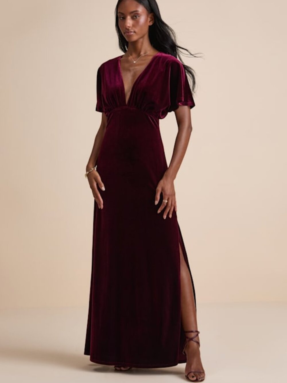Lulus Mystical Charm Burgundy Velvet Flutter Sleeve Maxi Dress Red - Size 3X
